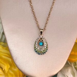 Gold Teardrop Pendant Necklace With Multicolor Blue White & Green Stones NEW!